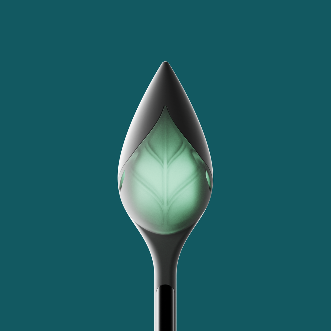 Leaflet Plant Monitor close-up product shot of matte black teardrop sensor with glowing green leaf-etched indicator light against a deep teal background